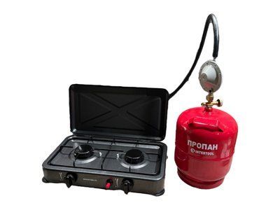 Газова плита двухкомфорочна Grunhelm + Балон InterTool 12л + редуктор зі шлангом + пальник на балон у подарунок 101973 фото